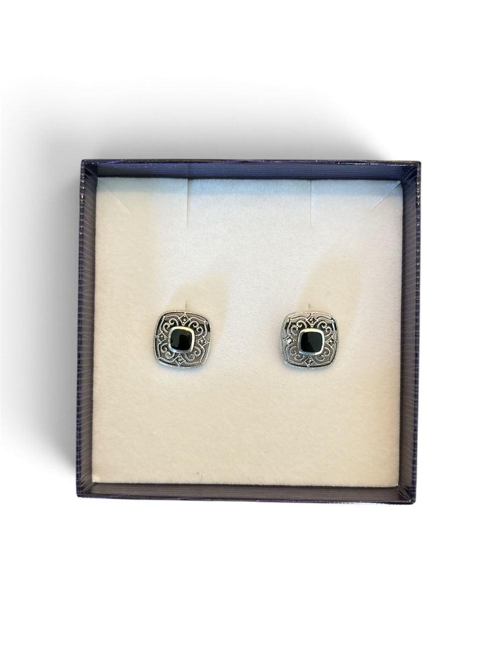 Vintage Sterling Silver Black Stone Filigree Stud Earrings - stamped 925